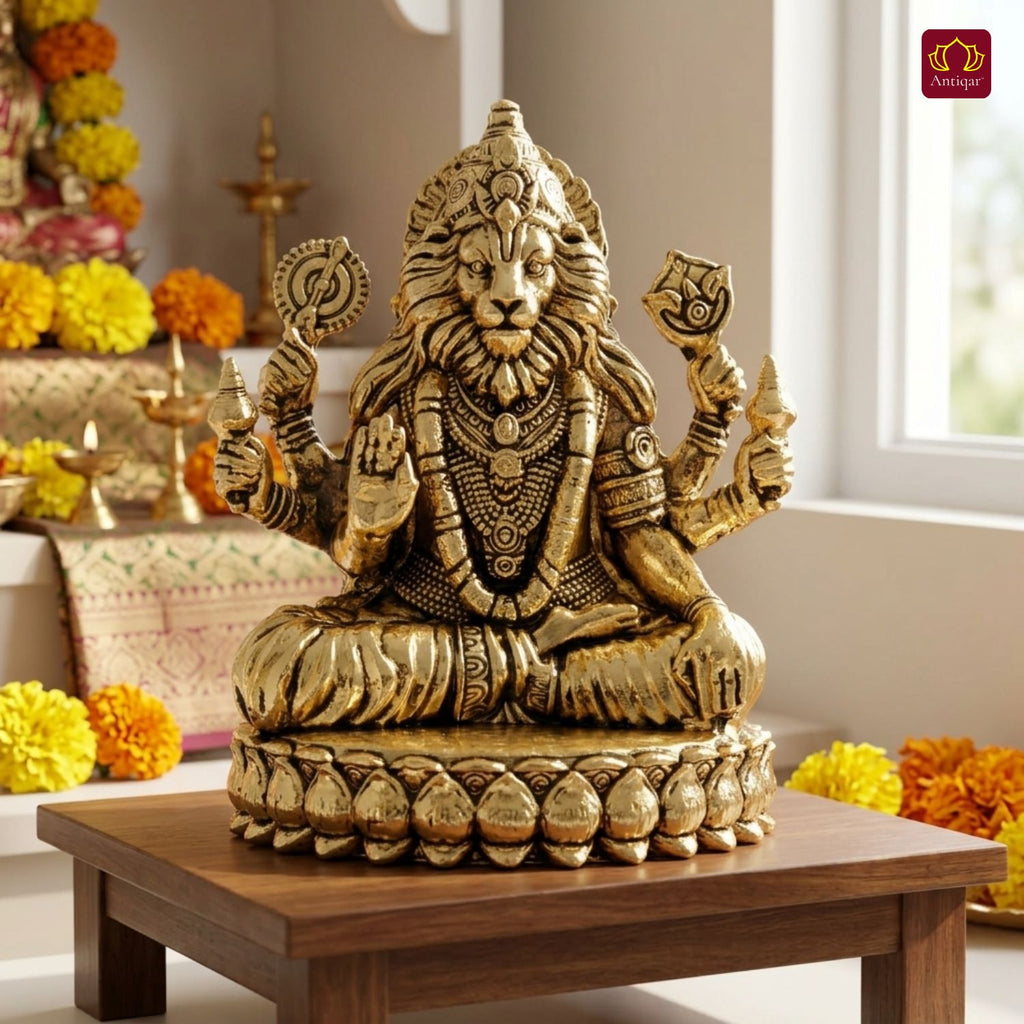 Brass Narsimha Ji Idol - 5cm  | Golden Finish | Spiritual Idol for Home, Office, Workshop, Temple & Car Dashboard Decor