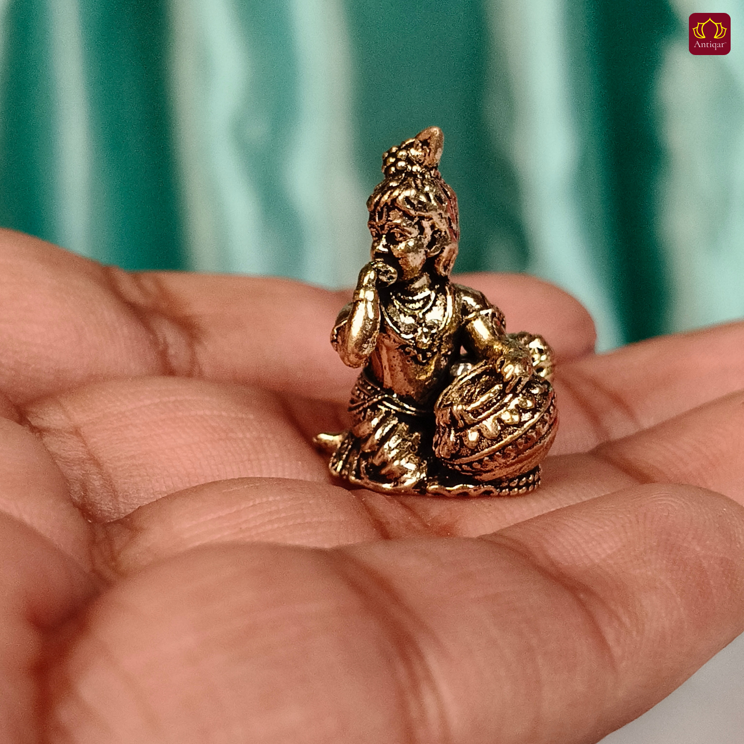 Brass Miniature Krishna idol with Makhhan Matka - 2.5cm | Antique Finish | Spritual use for Home, Temple & Car Dashboard Decor