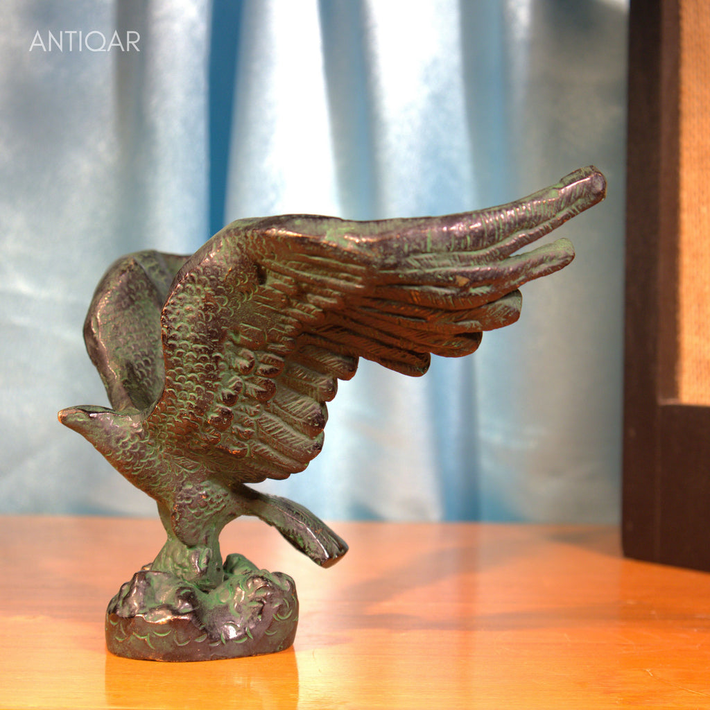 Brass Eagle with Spread Wing - 12cm | Black Green Patina Finish | Handcrafted Showpiece for Home Table Decor