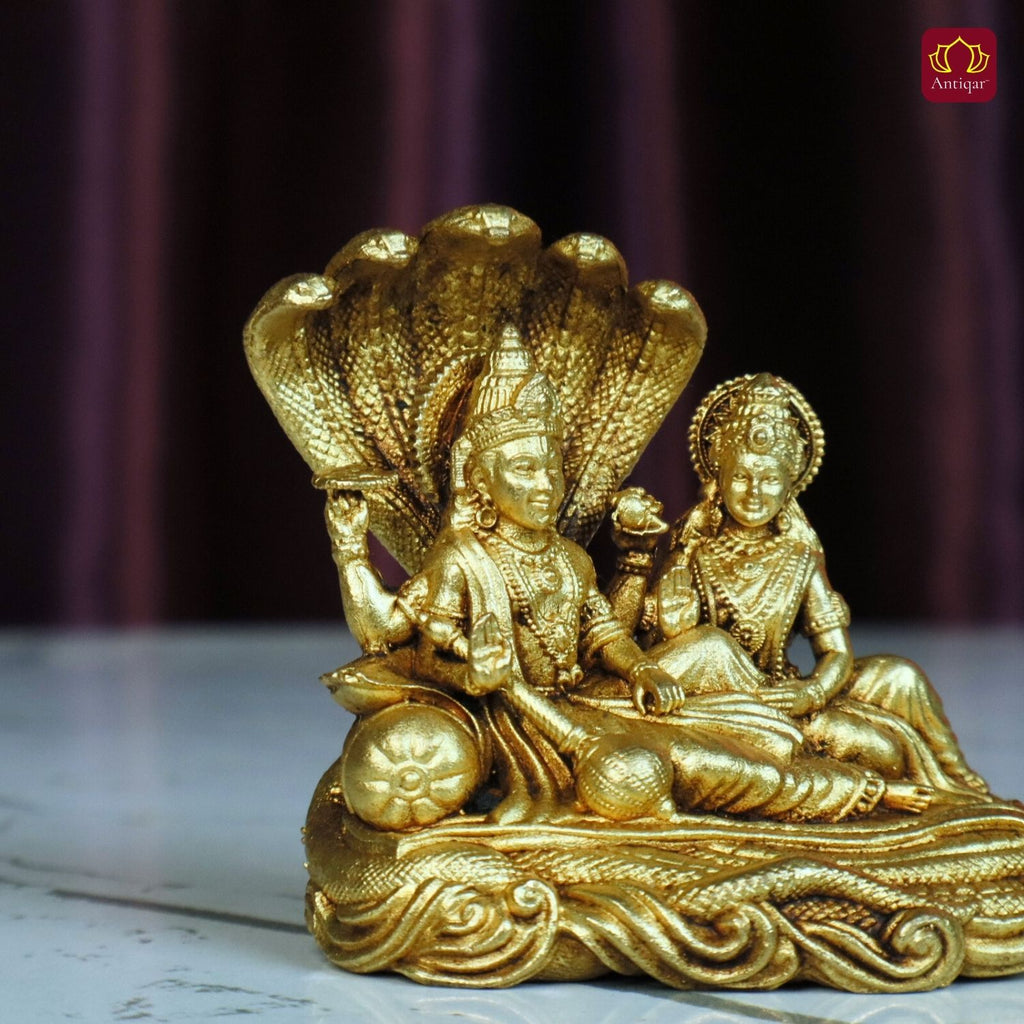 Brass Lakshmi Narayan Idol - 5cm  | Antique Golden Finish | Spiritual Idol for Temple, Home & Car Dashboard Decor