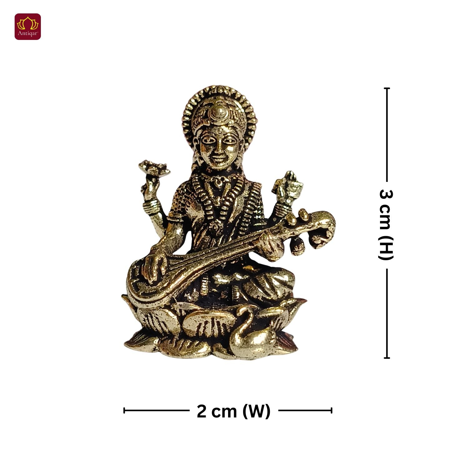 Brass Miniature Saraswati Ji Idol - 3cm | Antique Finish | Spritual use for Home, Temple & Car Dashboard Decor
