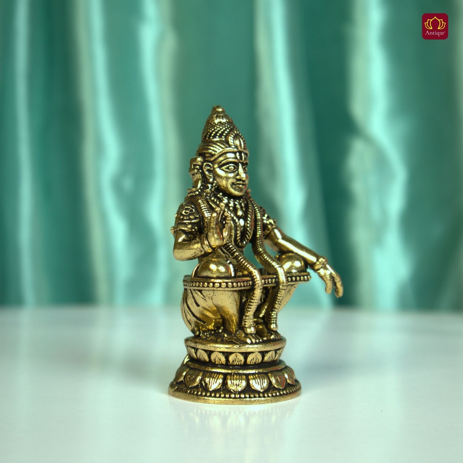 Brass Ayyappan Swami Ji Idol - 7.5cm | Antique Finish | Handcrafted Idol for Temple, Home & Car Dashboard