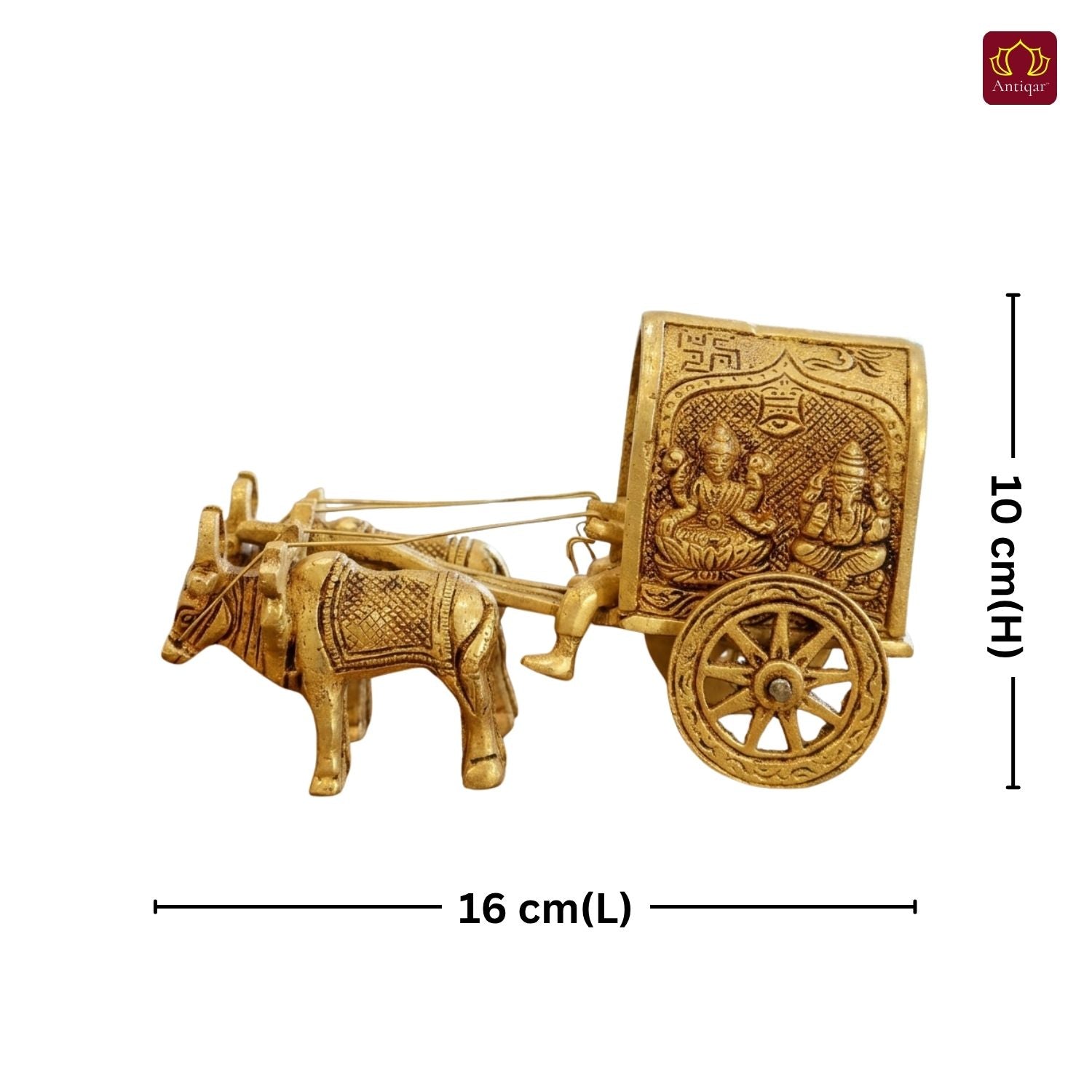 Brass Bullock Cart Showpiece – 10 cm | With Lakshmi & Ganesh Carving on Sides | Antique Golden Finish | Handcrafted Decor for Temple, Home & Festival Use