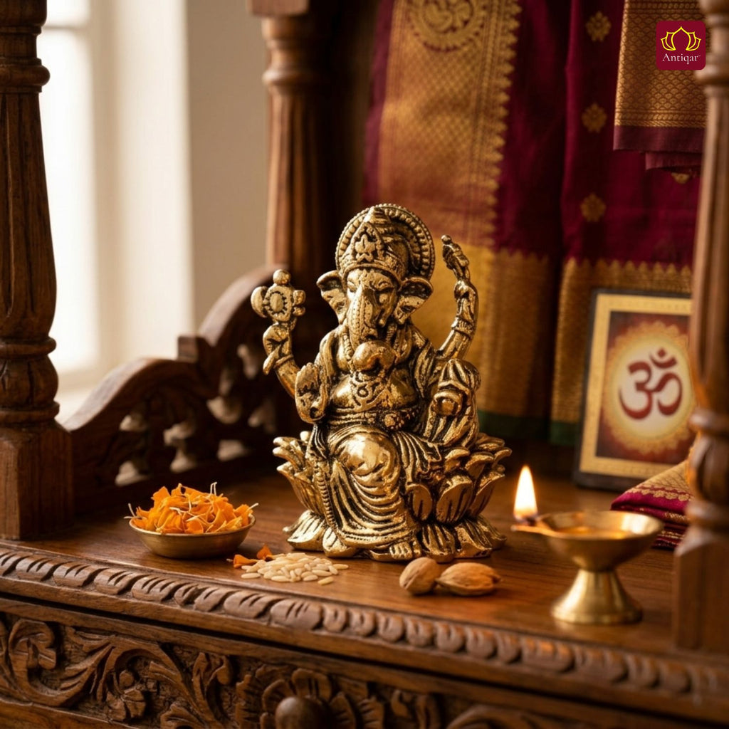 Brass Ganesh JI Idol - 3.5cm | Golden Finish | Spiritual Decor for Temple, Home & Car Dashboard