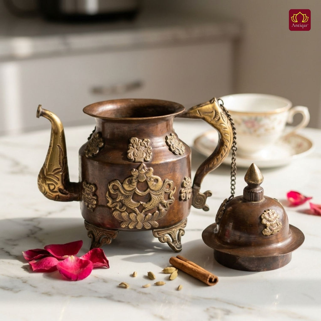 Tibetan Copper Tea & Coffe Kettle - 20cm | Antique Brown Finish |Traditional used for Serving Butter Tea & Spiritual Home Decor