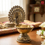 Brass Dancing Peacock on Diya - 7cm | Antique Finish | Spritual use for Pooja, Temple & Festival Decor