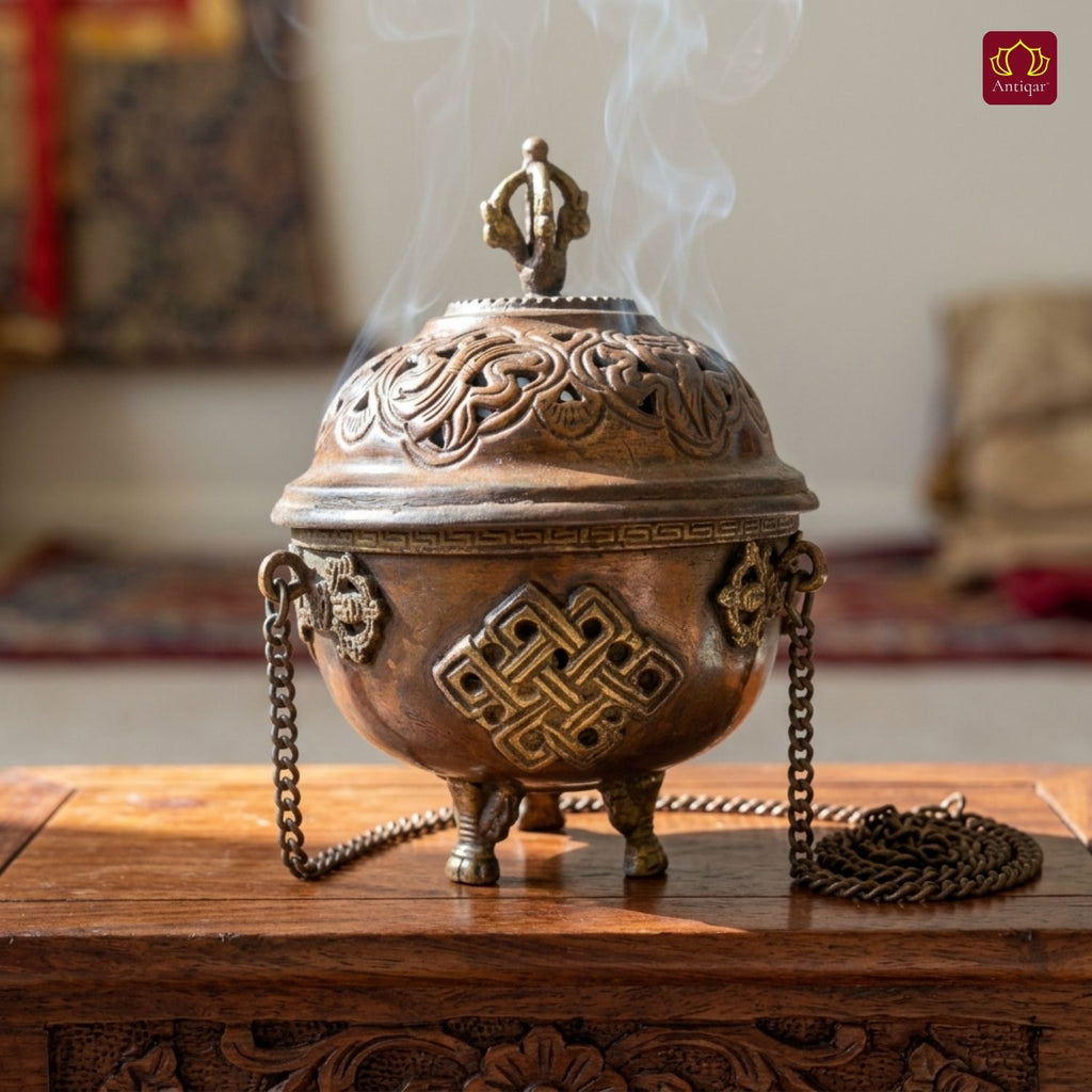 Tibetan Copper Hanging Incense Burner with Chain - 15cm | Antique Brown Finish | Suspended Vessel use for Prayers & Meditation