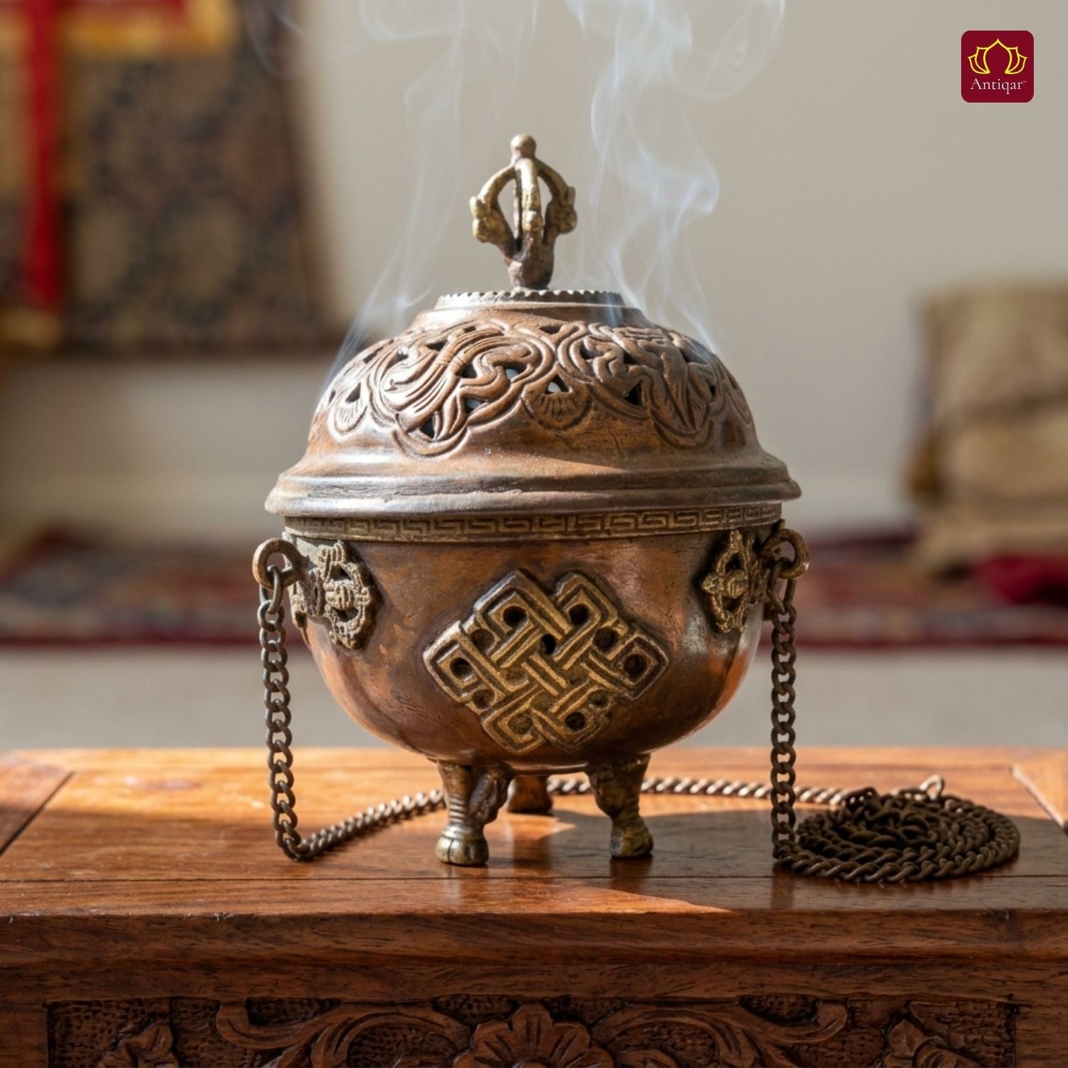 Tibetan Copper Hanging Incense Burner with Chain - 15cm | Antique Brown Finish | Suspended Vessel use for Prayers & Meditation