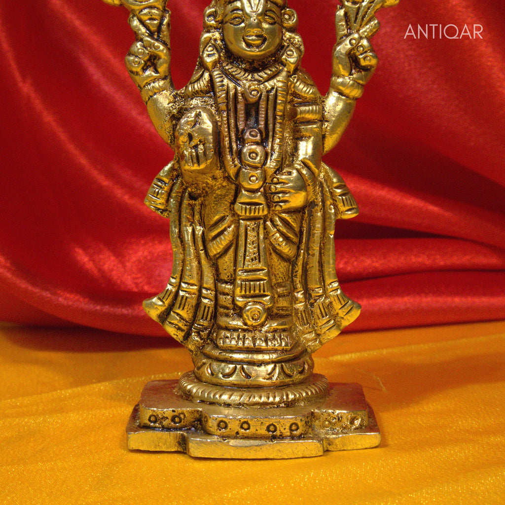 Brass Tirupathi Balaji Idol - 11.5cm | Antique Golden Finish | Handcrafted Idol for Temple, Home & Car Dashboard