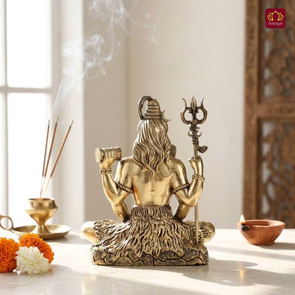 Brass Shiv Ji Idol - 8 cm | Antique Finish with Trisul | Spiritual use for Temple, Home & Car Decor