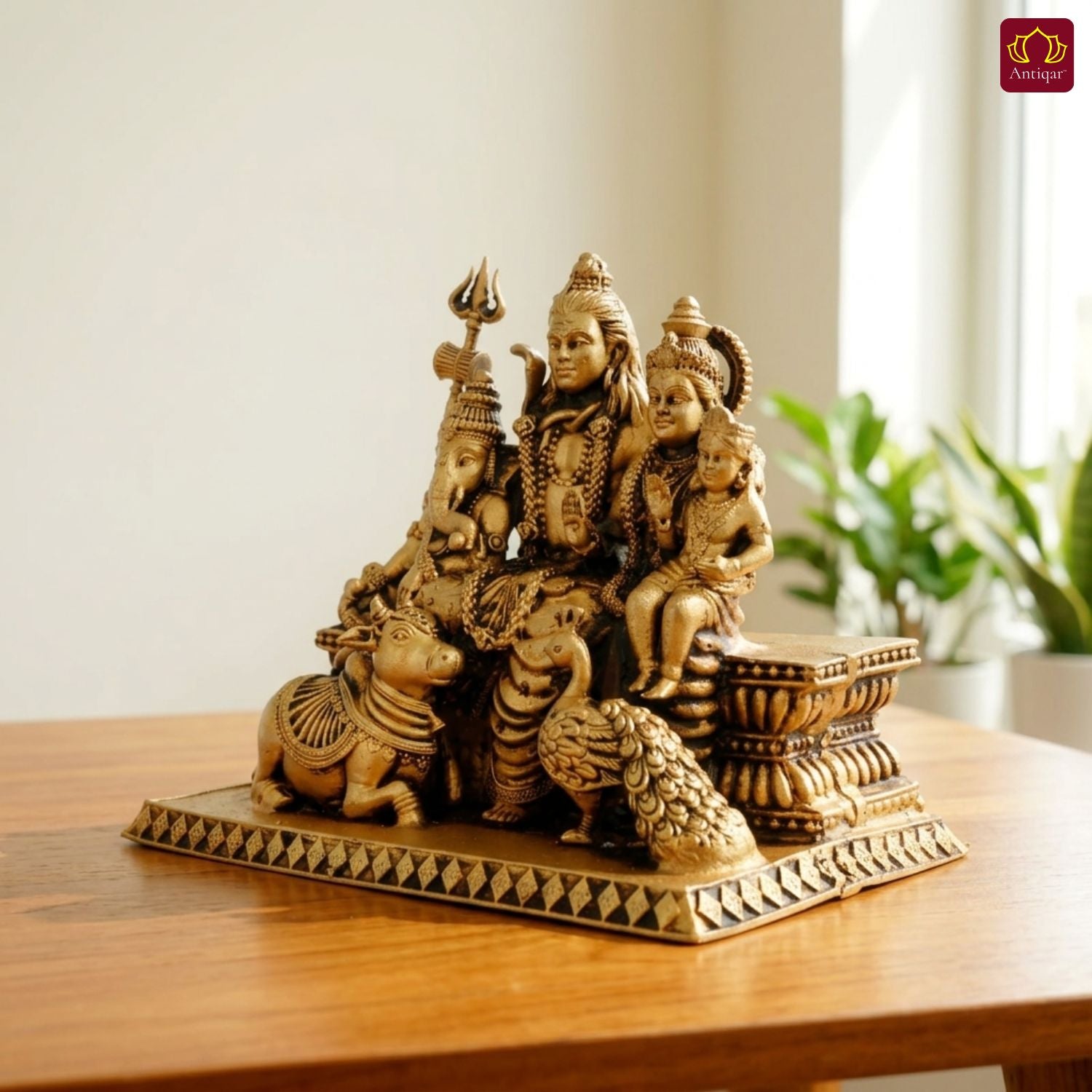 Brass Shiv Parivar Idol - 8cm | Antique Golden Finish | Spiritual Idol for Temple & Home Decor