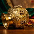 Brass Ashta Lakshmi Kalash - 14cm | Antique Yellow Finish | Spritual use for Pooja, Temple & Festival Decor