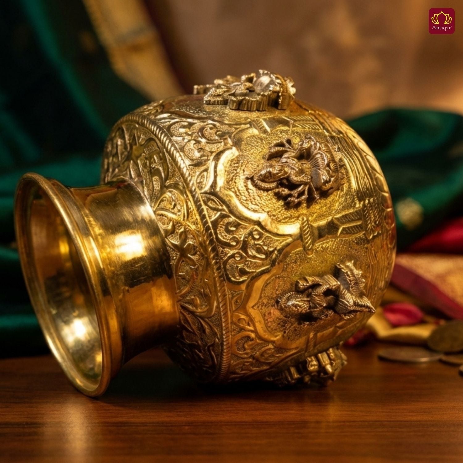 Brass Ashta Lakshmi Kalash - 14cm | Antique Yellow Finish | Spritual use for Pooja, Temple & Festival Decor