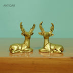 Brass Deer Showpiece Pair – 6 cm | Sitting Position with Antique Golden Finish | Handcrafted Decorative Figurines for Temple, Home & Car Dashboard