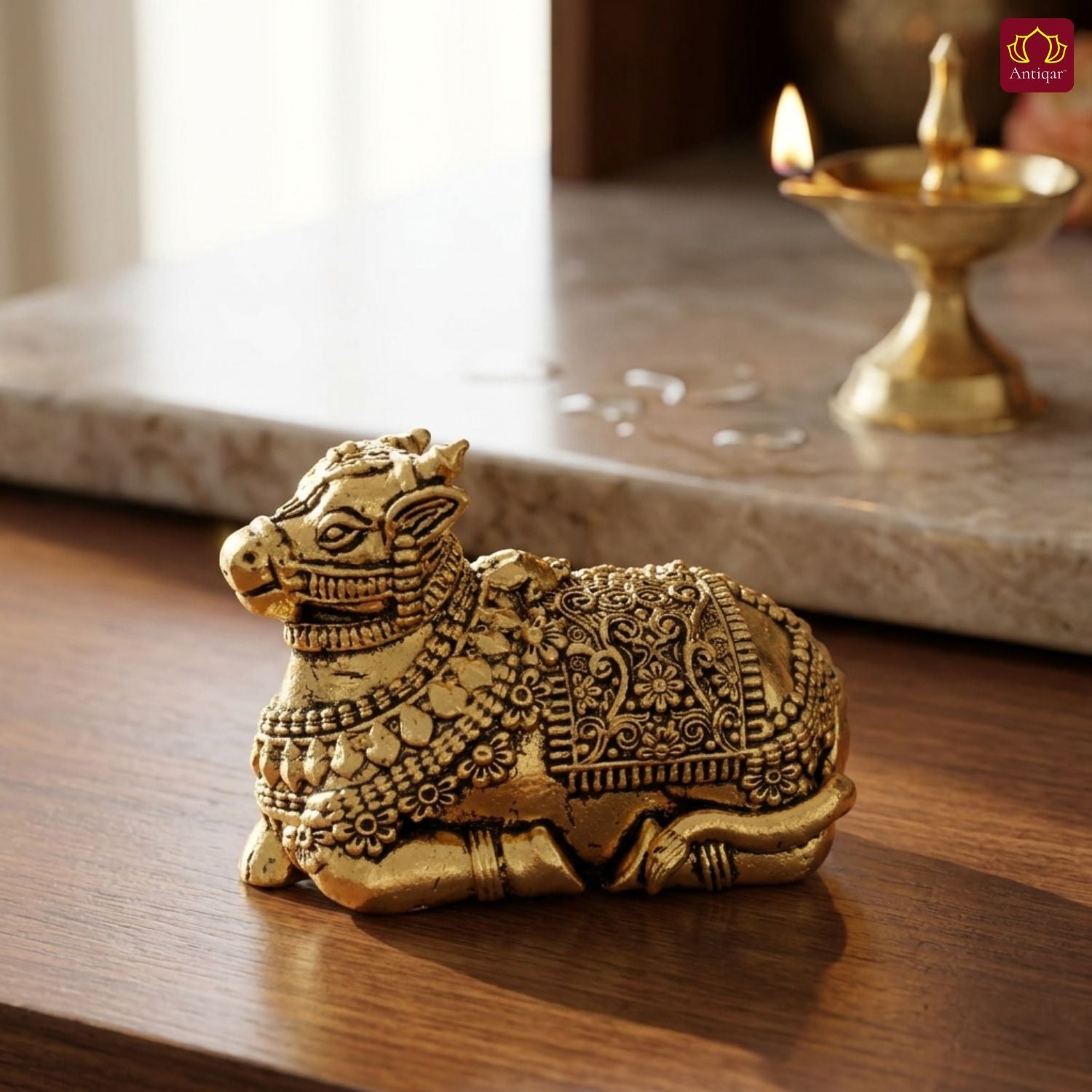 Brass Nandi Figurine - 3.5cm | Golden Finish | Spritual use for Home, Temple & Car Dashboard Decor