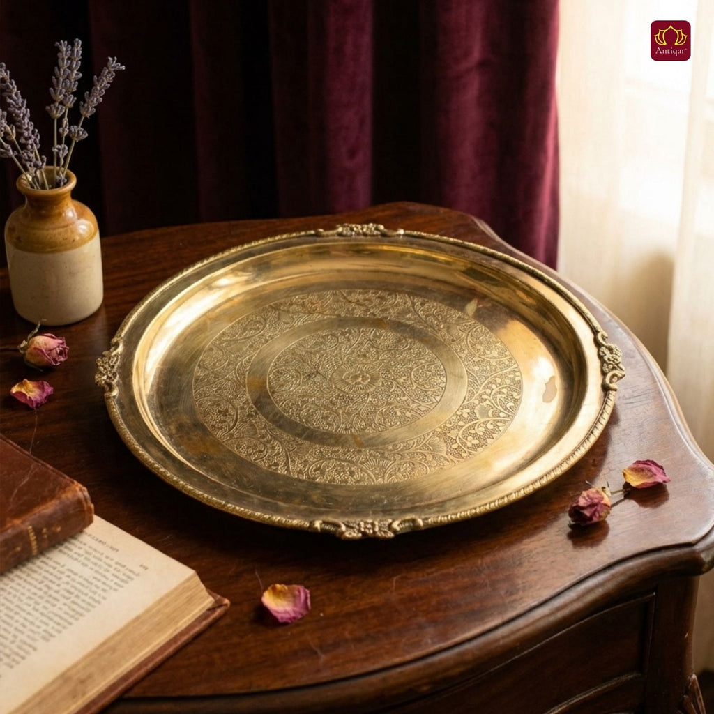 Brass Etching Design Plate - 2.5cm | Antique Golden Finish | Traditional use for Pooja in Temple, Festivals and Home