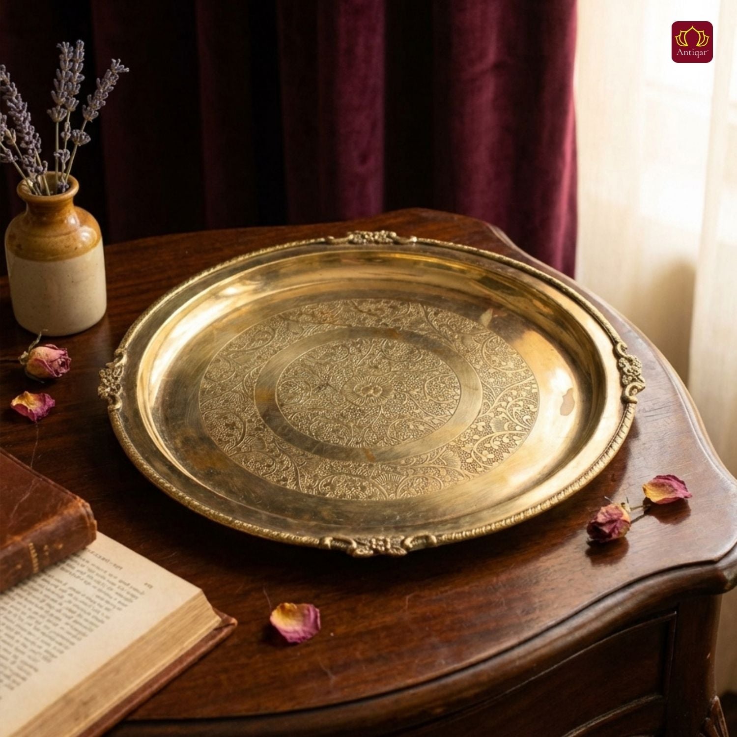 Brass Etching Design Plate - 2.5cm | Antique Golden Finish | Traditional use for Pooja in Temple, Festivals and Home