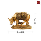 Brass Cow & Calf Figurine with Base -7cm | Golden Finish | Spritual use for Home, Temple & Dashboard Decor