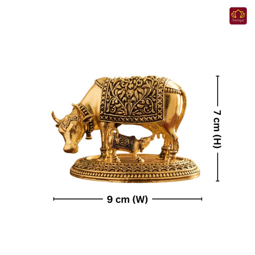 Brass Cow & Calf Figurine with Base -7cm | Golden Finish | Spritual use for Home, Temple & Dashboard Decor