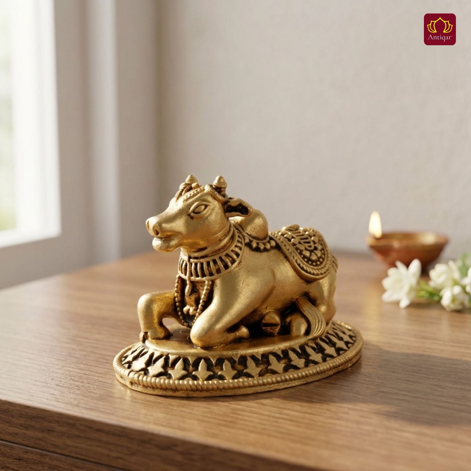 Brass Nandi Figurine - 3.5cm | Antique Golden Finish | Spritual use for Home, Temple & Car Dashboard Decor