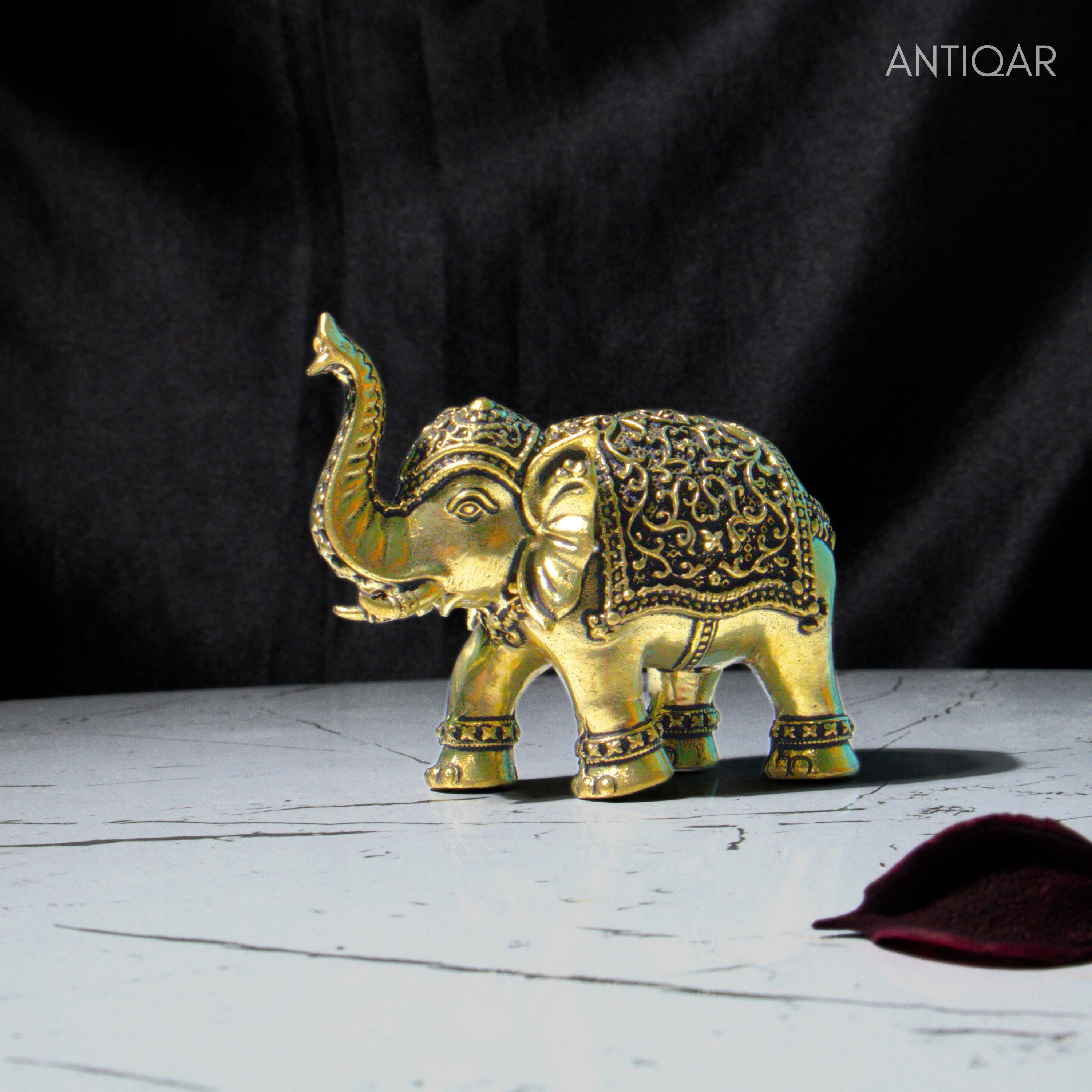 Brass Elephant Showpiece in Vintage Design - 8cm | Antique Golden Finish | Decorative Figurines for Temple, Home & Office