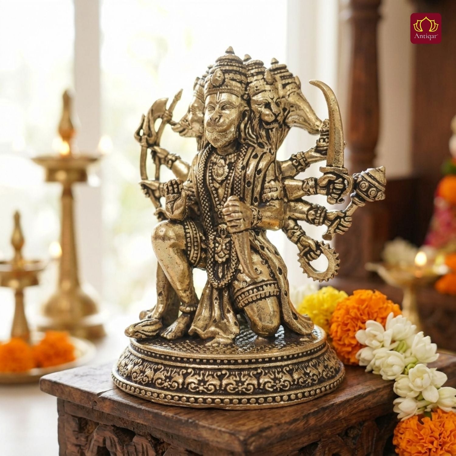 Brass Panchmukhi Hanuman Idol - 8cm | Antique Finish | Spritual use for Home, Temple & Car Dashboard Decor