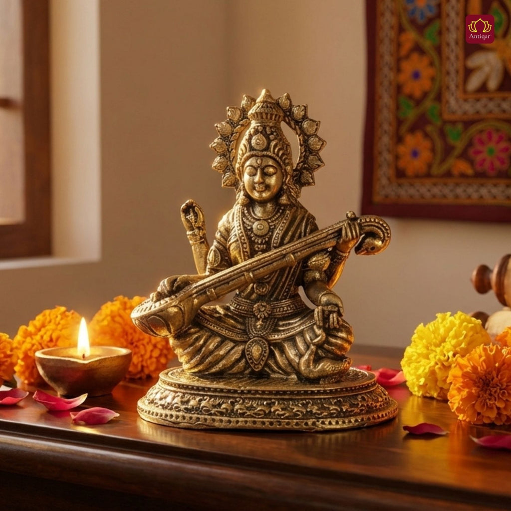 Brass Saraswati Idol - 6.5cm | Antique Finish | Spritual use for Home,Temple & Car Dashboard Decor