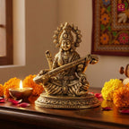 Brass Saraswati Idol - 6.5cm | Antique Finish | Spritual use for Home,Temple & Car Dashboard Decor