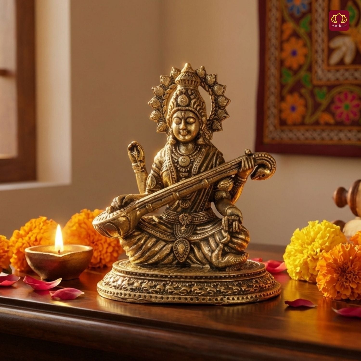 Brass Saraswati Idol - 6.5cm | Antique Finish | Spritual use for Home,Temple & Car Dashboard Decor
