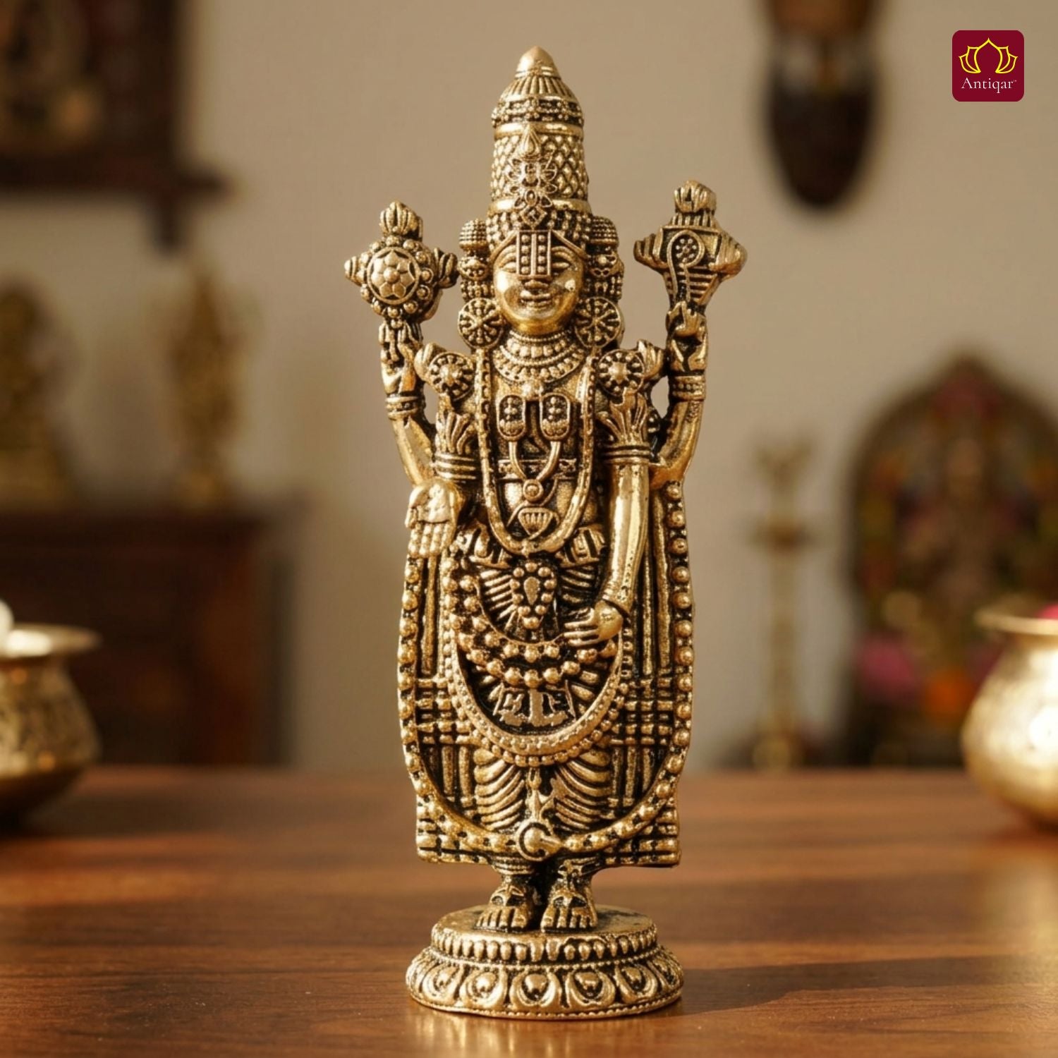 Brass Tirupathi Balaji Idol -11.5cm | Golden Finish | Handcrafted Idol for Temple, Home & Car Dashboard