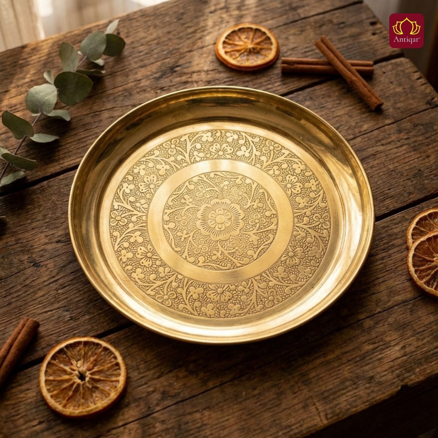Brass Etching Design Plate - 2cm | Serve Main Course items in Lunch & Dinner | Antique Golden Finish | Traditional Mughlai Style use for serving in Kitchen, Festivals and Restaurents