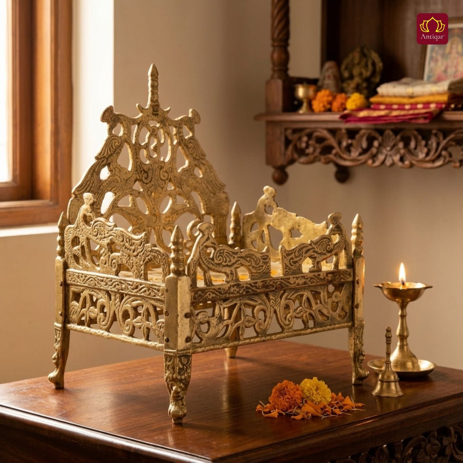 Brass Twin Peacock Embossed Design Laddu Gopal Singhasan – 19.5cm | Antique Golden Finish | Handcrafted Large Size Throne for Temple, Home & Festival Decor