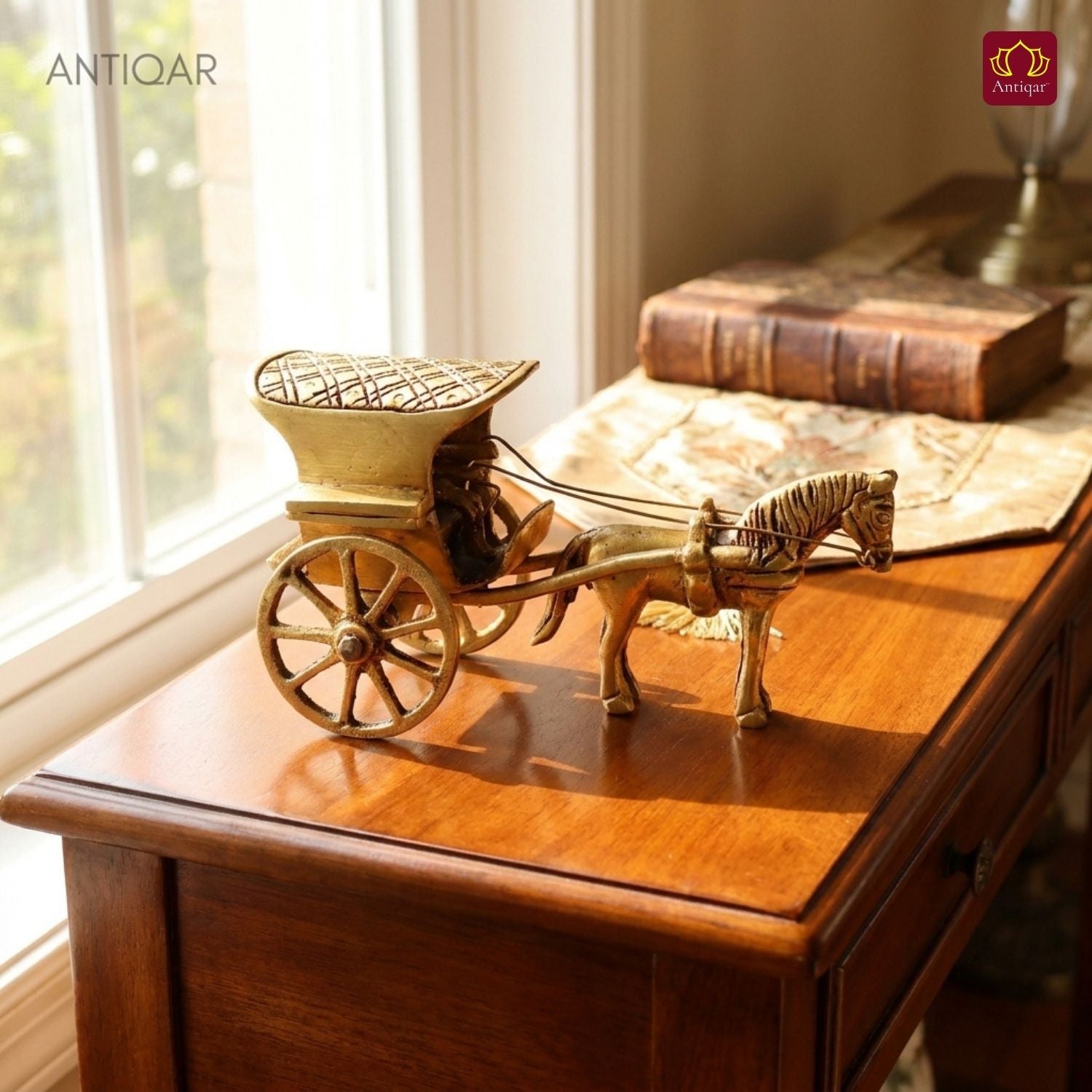 Brass Horse Cart Showpiece – 7.5 cm | Single Horse with Carved Roof | Antique Golden Finish | Handcrafted Decor for Festival, Temple & Home