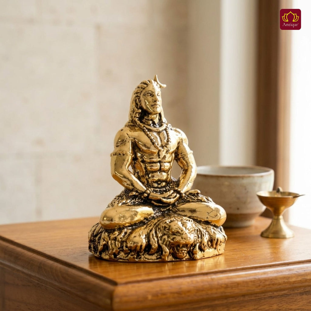 Brass Adiyogi Lord Shiva Idol - 5cm | Golden Finish | Spiritual Idol for Temple & Home Decor