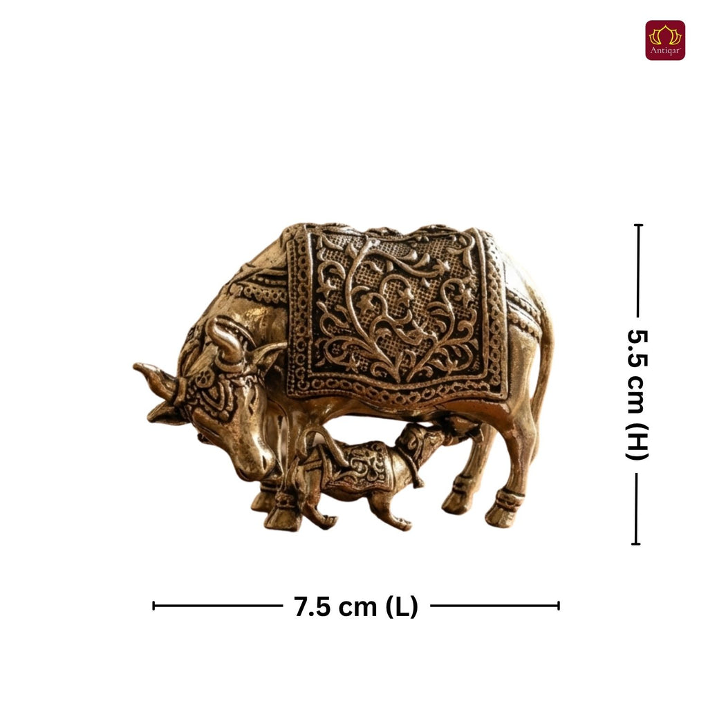 Brass Kamdhenu Cow & Calf Figurine - 5.5cm | Antique Finish | Spritual use for Home, Temple & Dashboard Decor