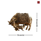 Brass Kamdhenu Cow & Calf Figurine - 5.5cm | Antique Finish | Spritual use for Home, Temple & Dashboard Decor