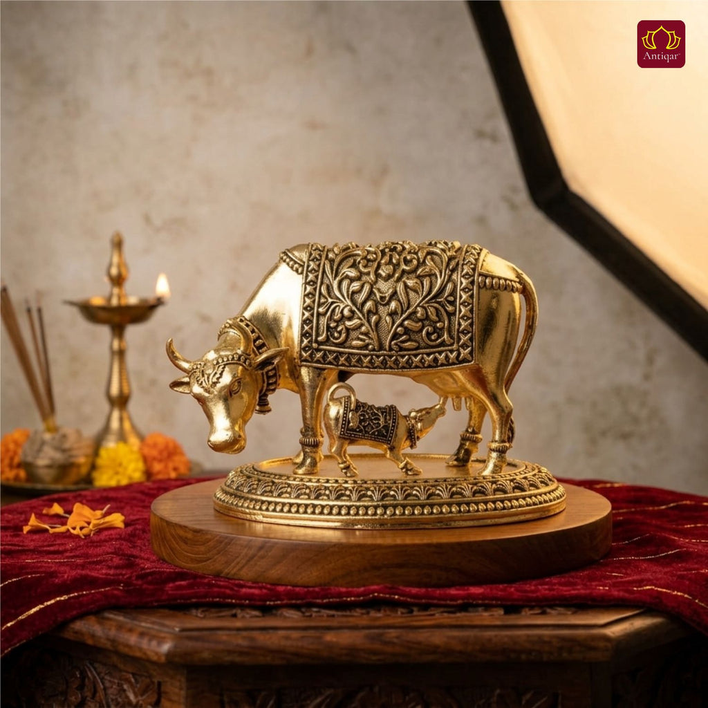 Brass Cow & Calf Figurine with Base -7cm | Golden Finish | Spritual use for Home, Temple & Dashboard Decor