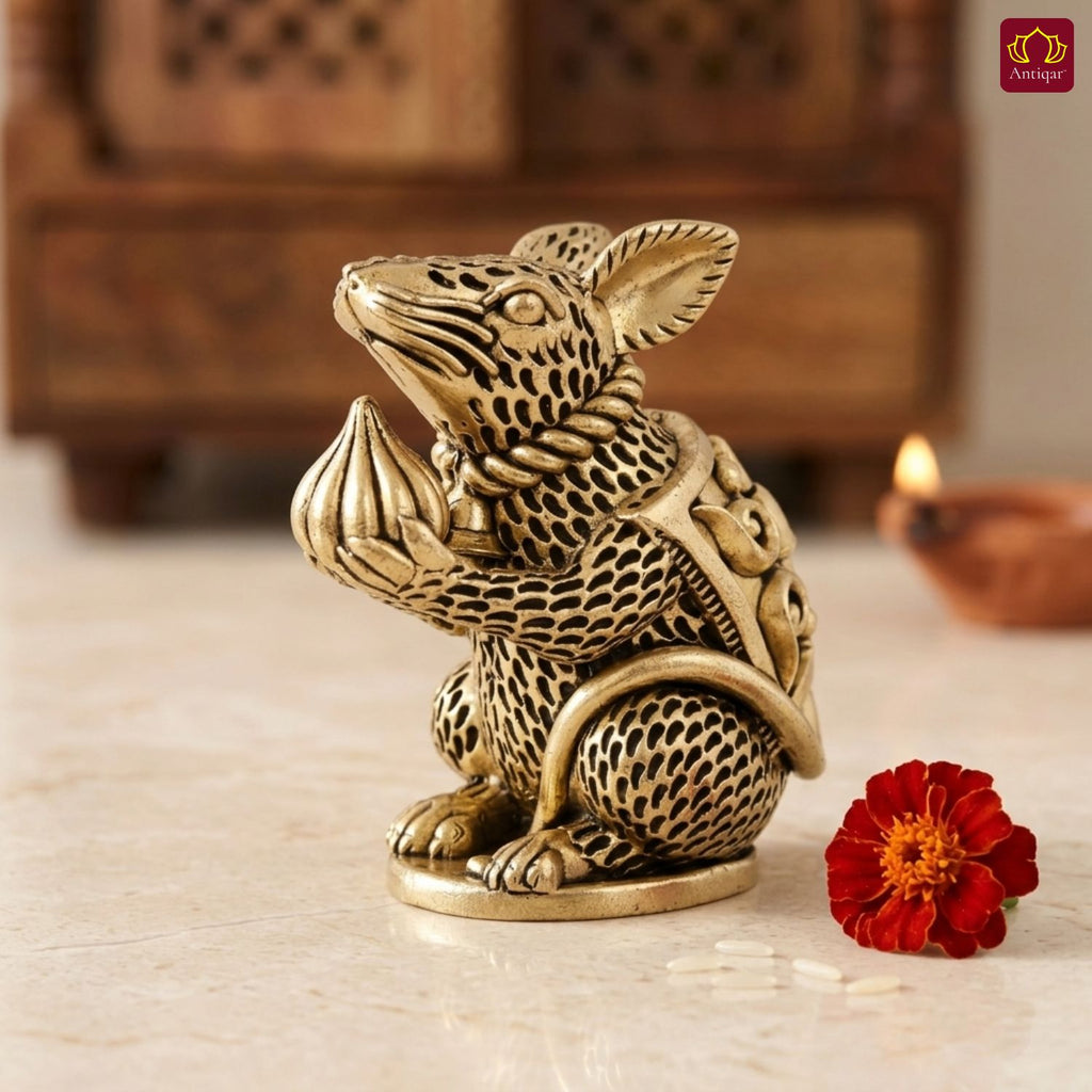 Brass Mooshak Raj (Rat ) Idol – 7.5 cm | Antique Golden Finish | Spiritual Use for Home, Temple & Car Dashboard Decor