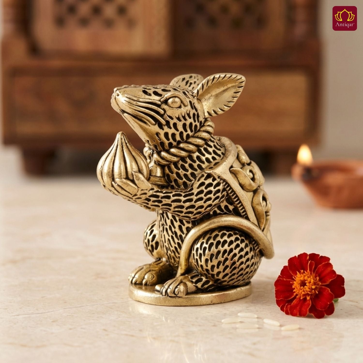 Brass Mooshak Raj (Rat ) Idol – 7.5 cm | Antique Golden Finish | Spiritual Use for Home, Temple & Car Dashboard Decor