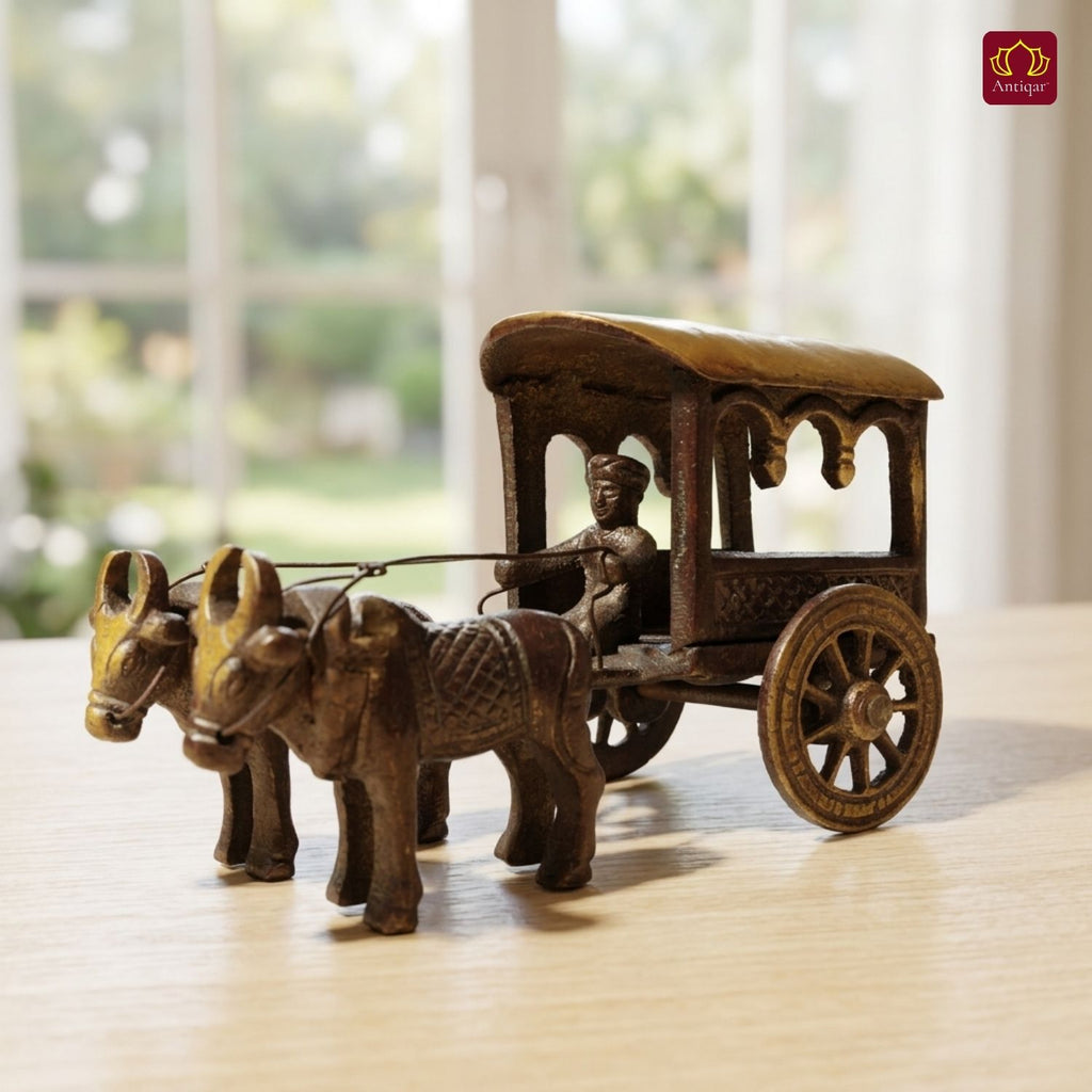 Brass Designer Roof Bullock Cart Golden Showpiece -7.5 | Antique Brown Finish | Handicraft Decorative Showpiece for Home, Table & Office Decor