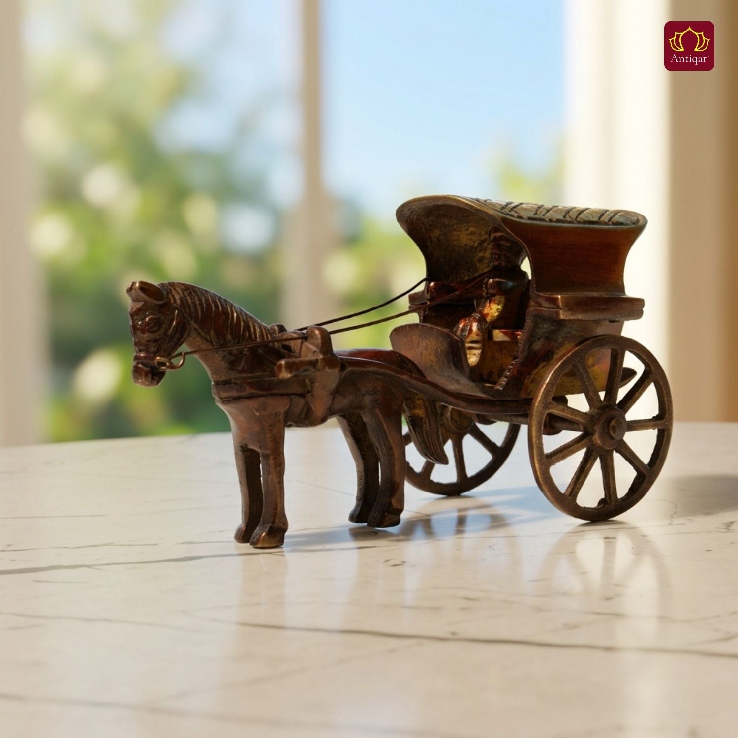 Brass Horse Cart Showpiece – 7.5 cm | Single Horse with Carved Roof | Antique Brown Colored Finish | Handcrafted Decor for Festival, Temple & Home