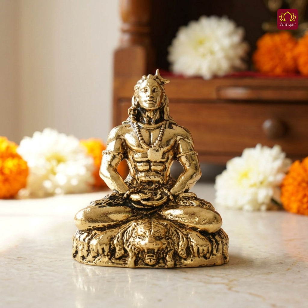Brass Adiyogi Lord Shiva Idol - 5cm | Golden Finish | Spiritual Idol for Temple & Home Decor