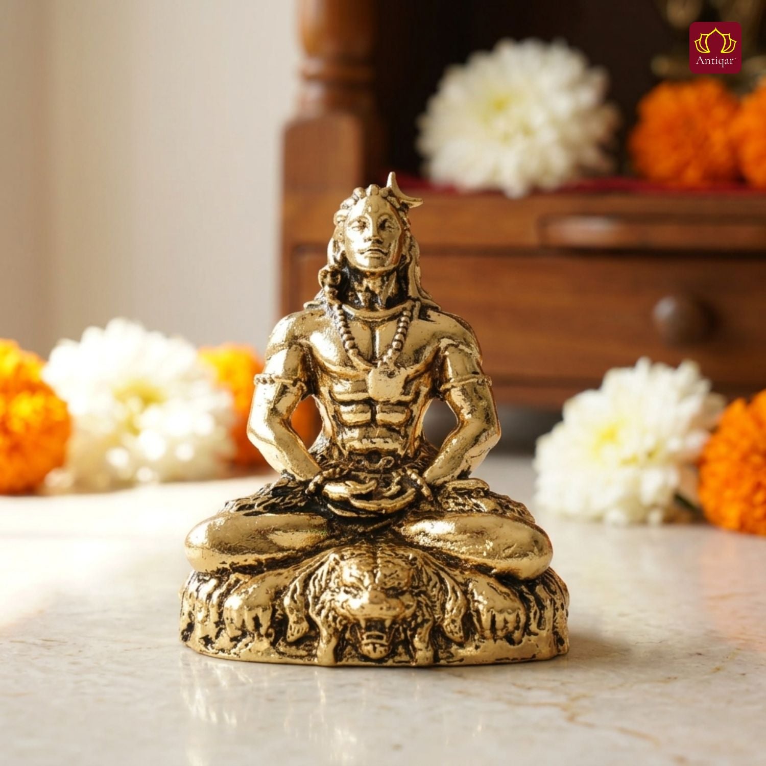Brass Adiyogi Lord Shiva Idol - 5cm | Golden Finish | Spiritual Idol for Temple & Home Decor