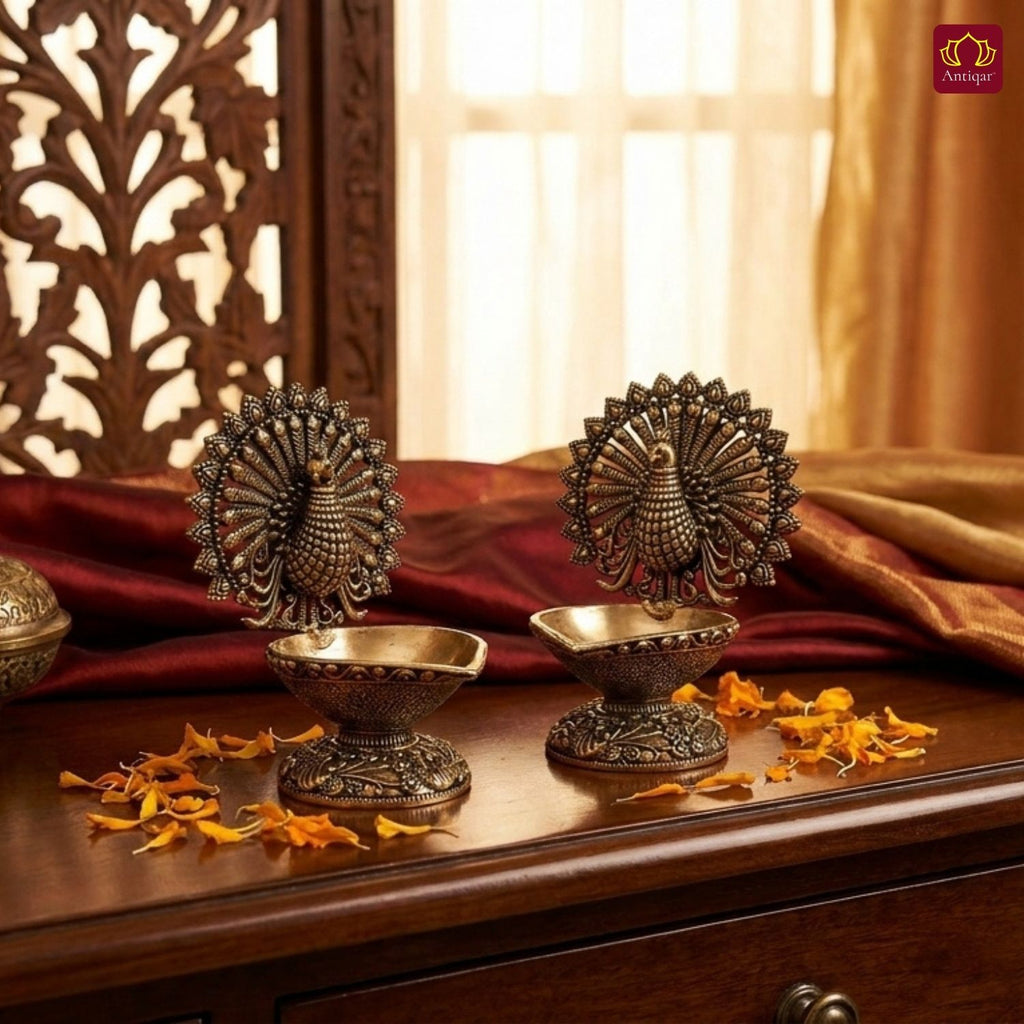 Brass Dancing Peacock on Diya - 7.5cm | Antique Finish | Spritual use for Pooja, Temple & Festival Decor (Pack of 2)