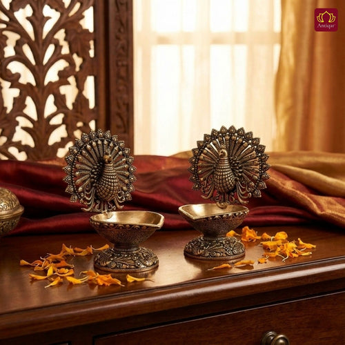Brass Dancing Peacock on Diya - 7.5cm | Antique Finish | Spritual use for Pooja, Temple & Festival Decor (Pack of 2)