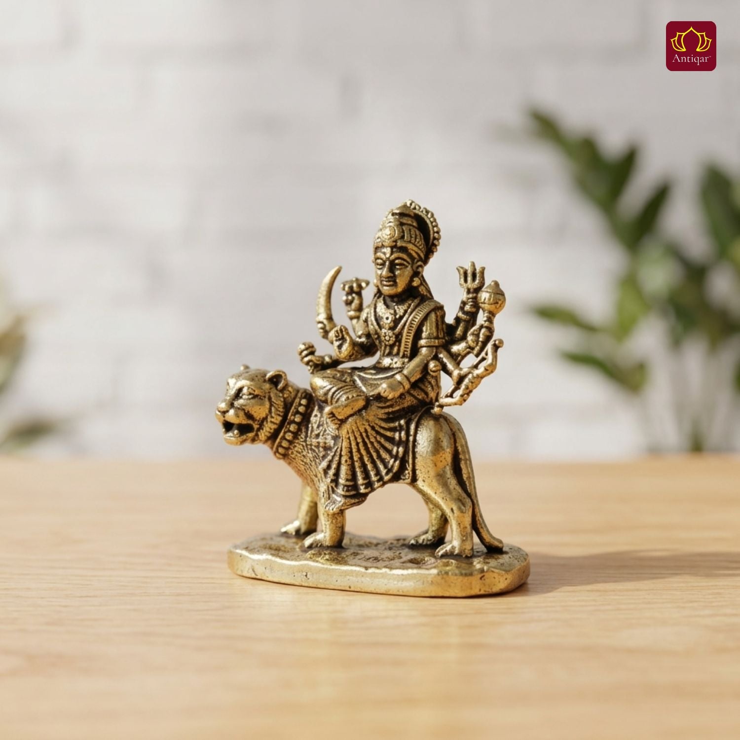 Brass Miniature Sherawali Maa Idol - 4cm | Antique Finish | Spritual use for Home, Temple & Car Dashboard Decor