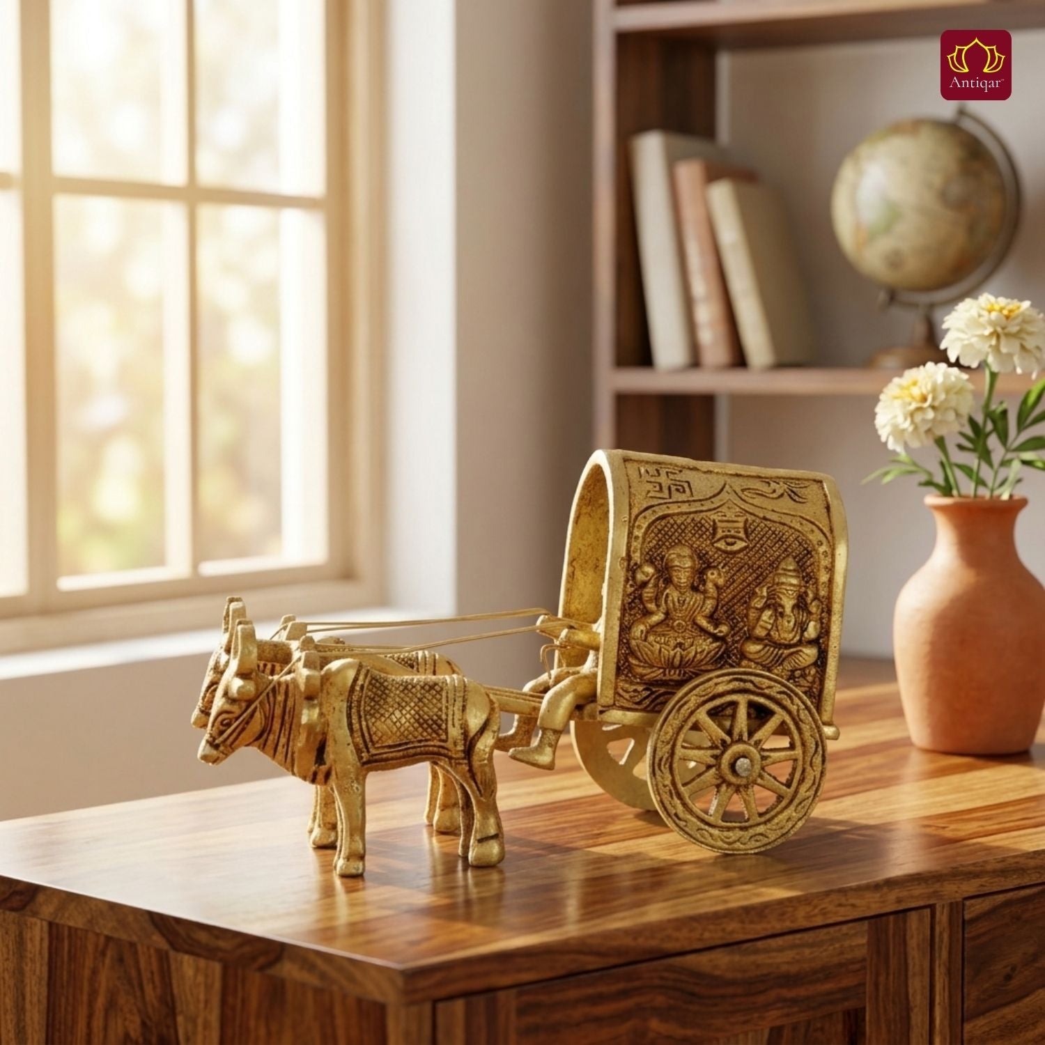 Brass Bullock Cart Showpiece – 10 cm | With Lakshmi & Ganesh Carving on Sides | Antique Golden Finish | Handcrafted Decor for Temple, Home & Festival Use