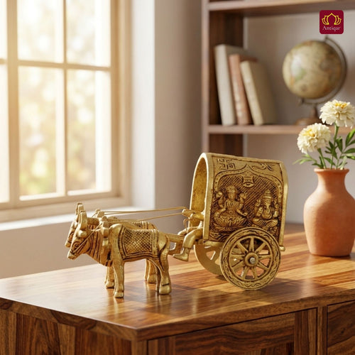 Brass Bullock Cart Showpiece – 10 cm | With Lakshmi & Ganesh Carving on Sides | Antique Golden Finish | Handcrafted Decor for Temple, Home & Festival Use