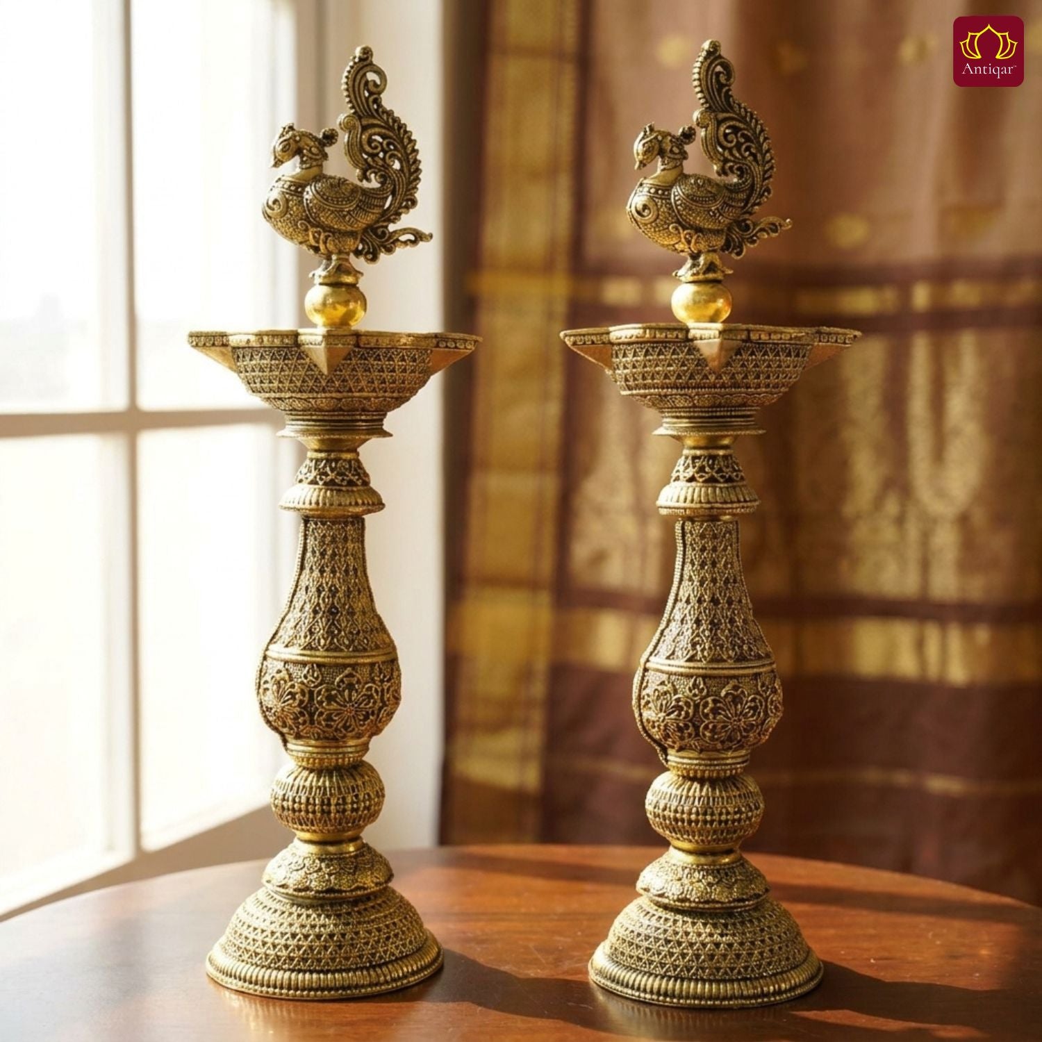 Brass Peacock Oil Lamp –20 cm | Antique Finish | Handcrafted Decor for Temple, Table & Home (Pack of 2)