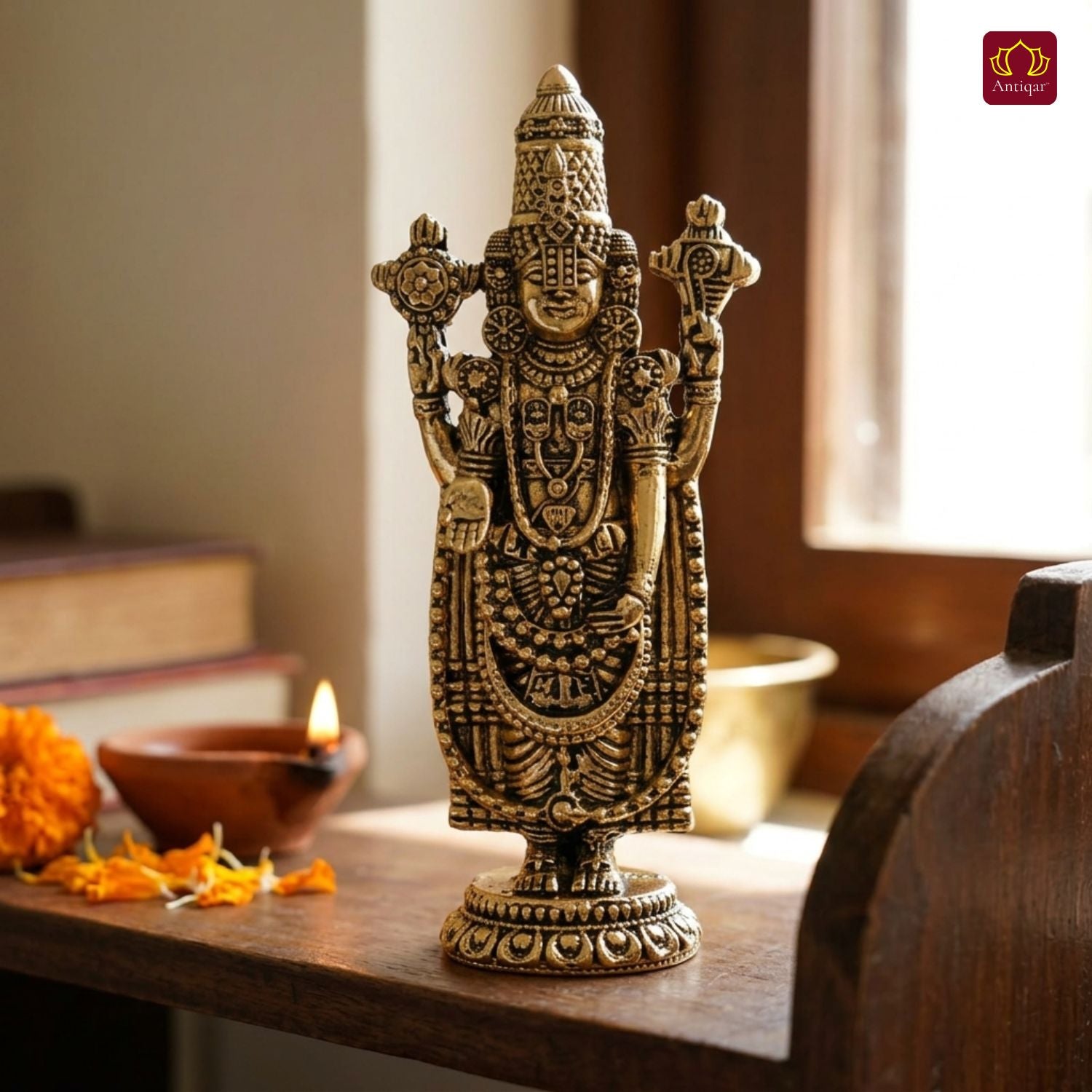 Brass Tirupathi Balaji Idol - 10cm | Golden Finish | Handcrafted Idol for Temple, Home & Car Dashboard